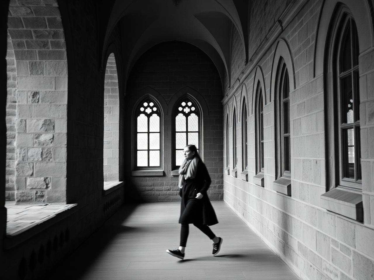 Student walking through a historic Lund University corridor